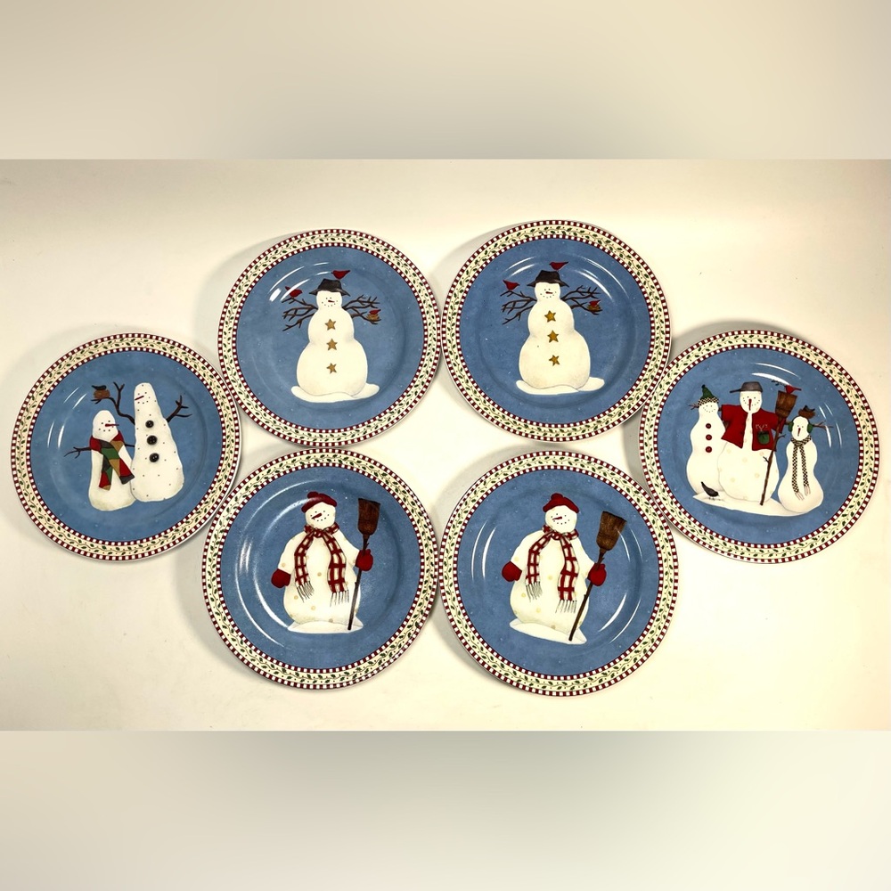 Sakura Snowman Debbie Mumm Set of 8 - Salad/Dessert Plates 8" Christmas 1997 Vtg